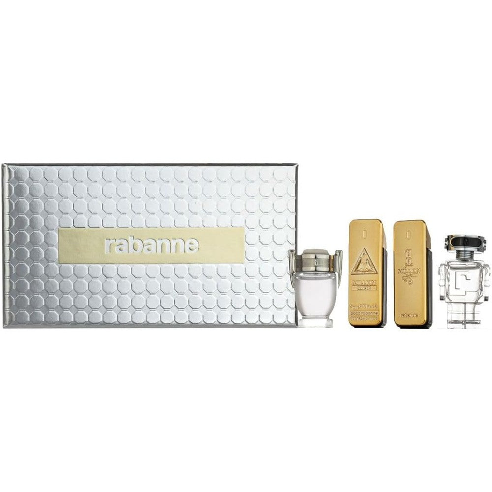 Paco Rabanne men's cologne gift set with four miniature bottles in silver box.