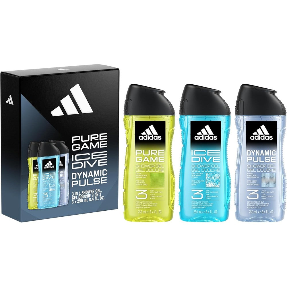 Adidas shower gel giftset front view showing three fragrance bottles
