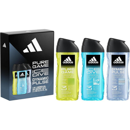 Adidas shower gel giftset front view showing three fragrance bottles