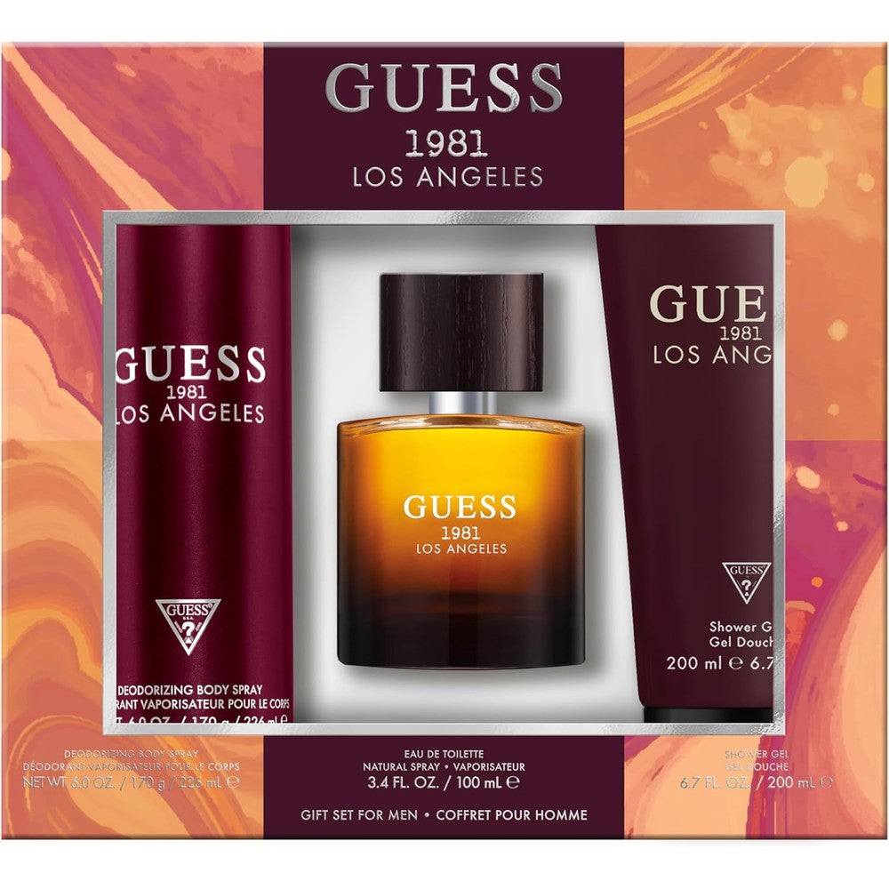 Guess 1981 Los Angeles Men 3 Piece Gift Set featuring fragrance bottles and packaging.