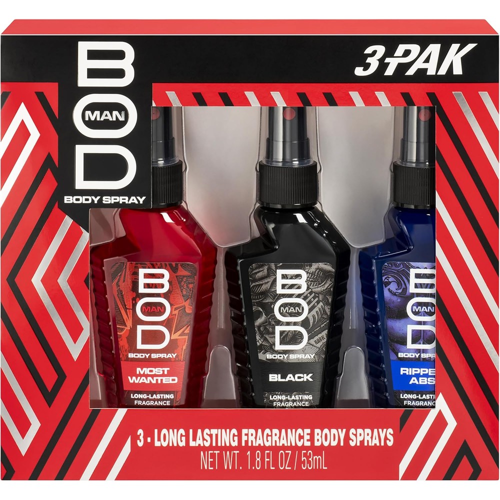 BOD Man body spray gift set front view featuring three bottles