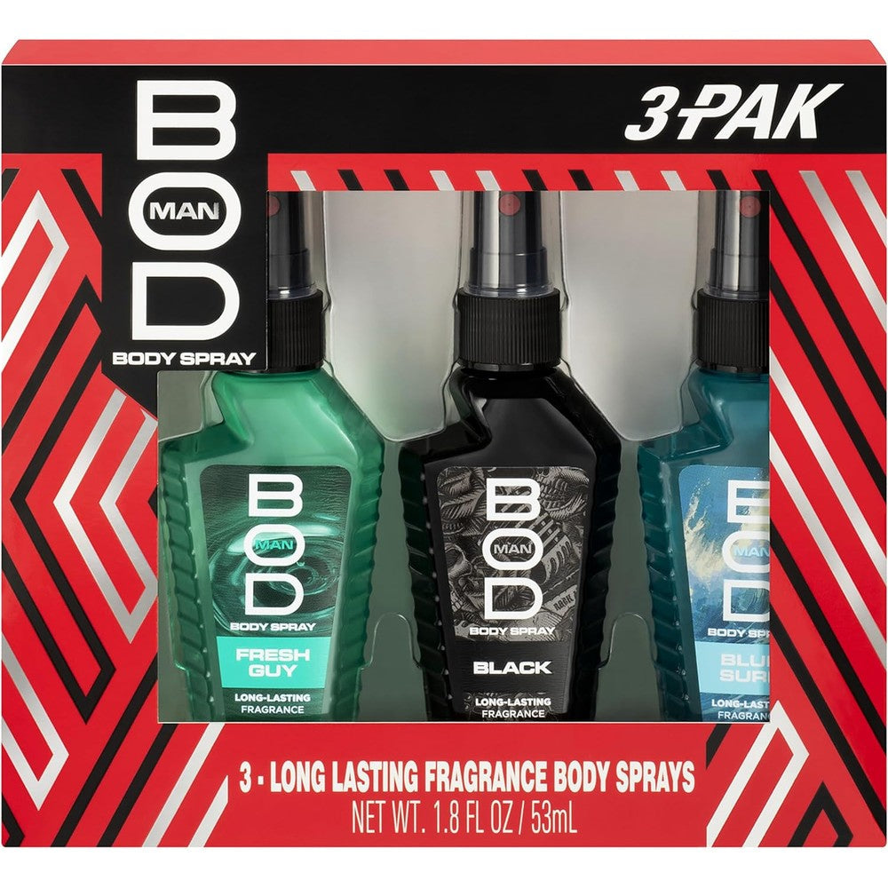 BOD Man Body Spray Gift Set featuring Black, Fresh Guy, and Blue Surf bottles