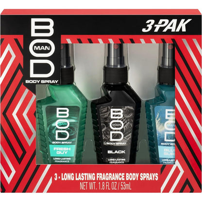 BOD Man Body Spray Gift Set featuring Black, Fresh Guy, and Blue Surf bottles