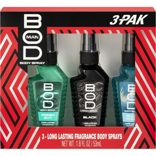BOD Man Body Spray Gift Set featuring Black, Fresh Guy, and Blue Surf bottles