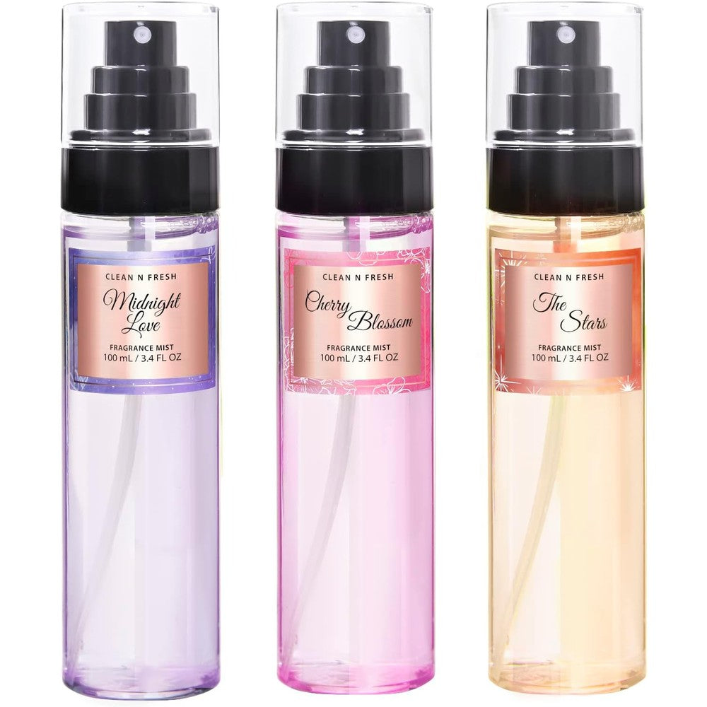 Clean-N-Fresh body mist gift set featuring three bottles with floral packaging.