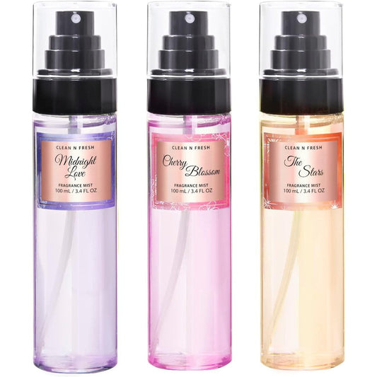 Clean-N-Fresh body mist gift set featuring three bottles with floral packaging.