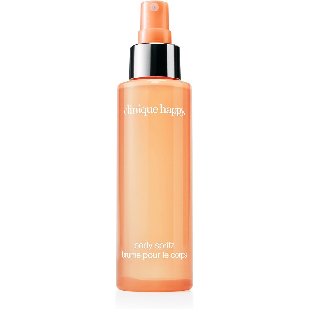Clinique Happy Body Spritz front view showing the four point two fluid ounce clear bottle with orange branding