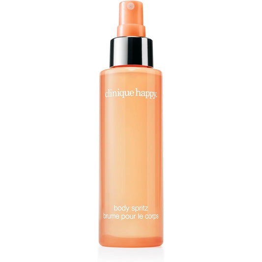 Clinique Happy Body Spritz front view showing the four point two fluid ounce clear bottle with orange branding
