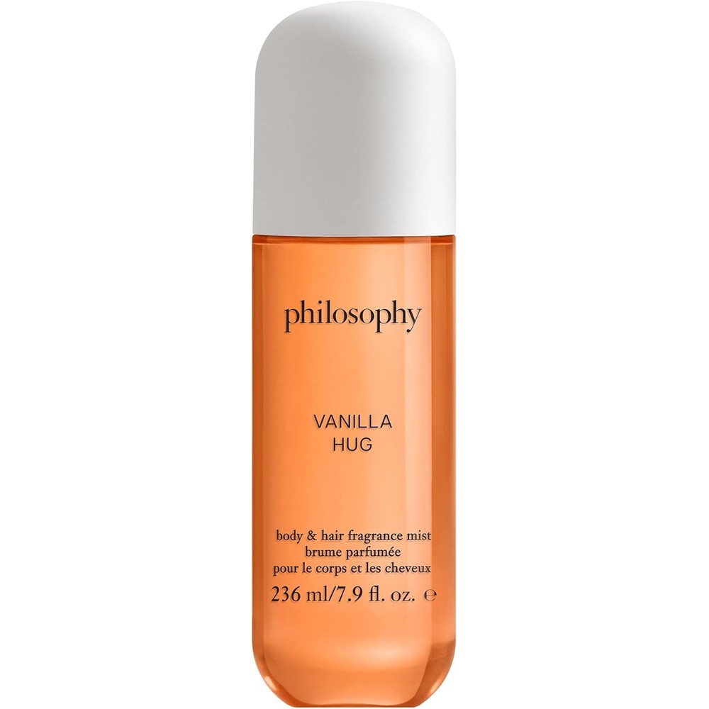 Philosophy Vanilla Hug hair and body fragrance mist front view packaging bottle.