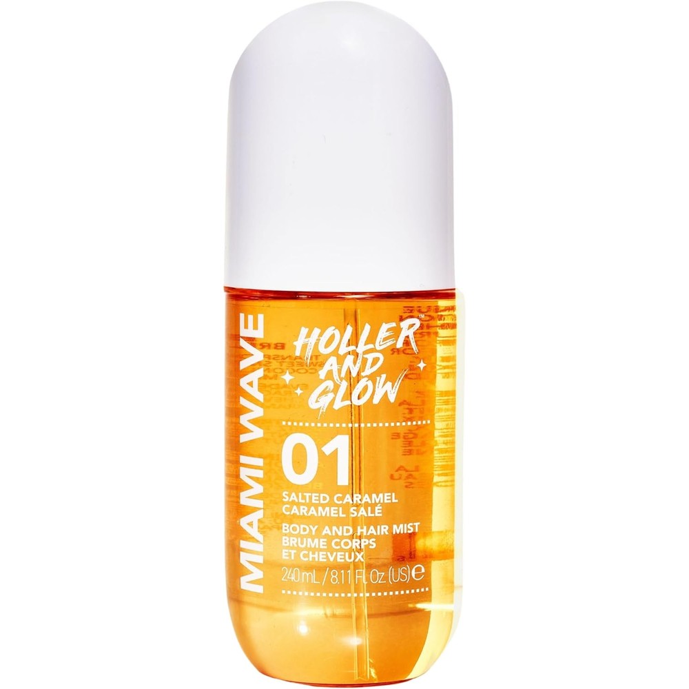 Holler and Glow Miami Wave Salted Caramel Body and Hair Mist front view showing the 240ml packaging.