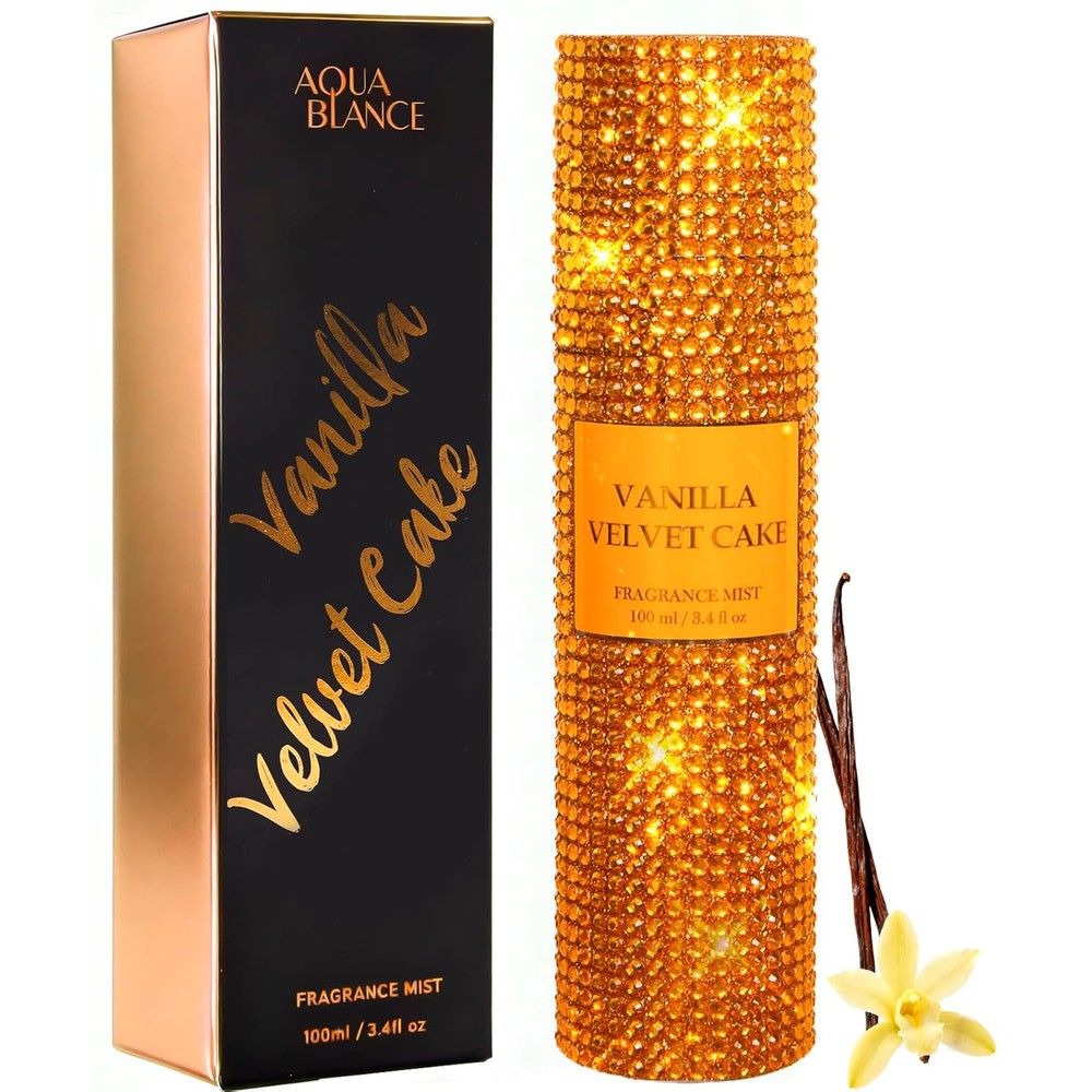 Aqua Blance Vanilla Velvet Cake Fragrance Mist front view showing the diamond embellished bottle and matching packaging box.