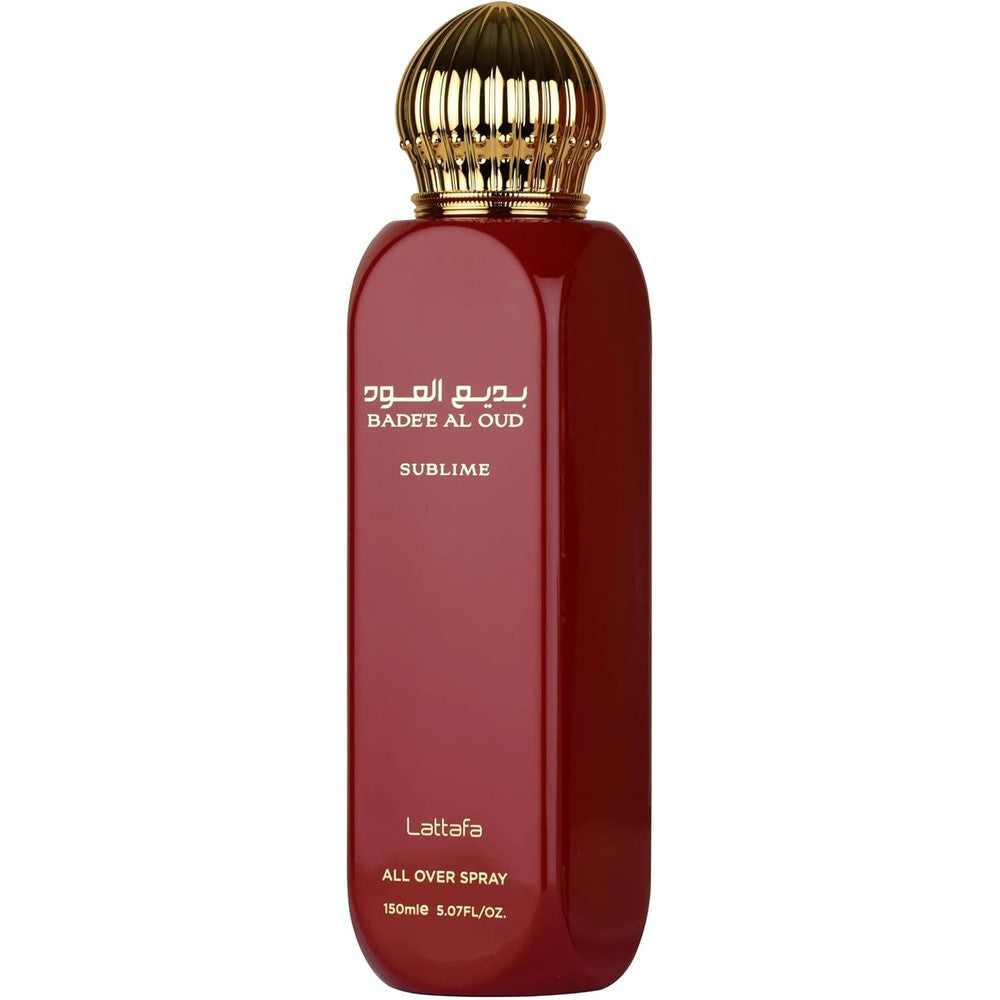 Lattafa Badee Al Oud Sublime All Over Spray 150ml front view showing the signature red bottle with golden cap details