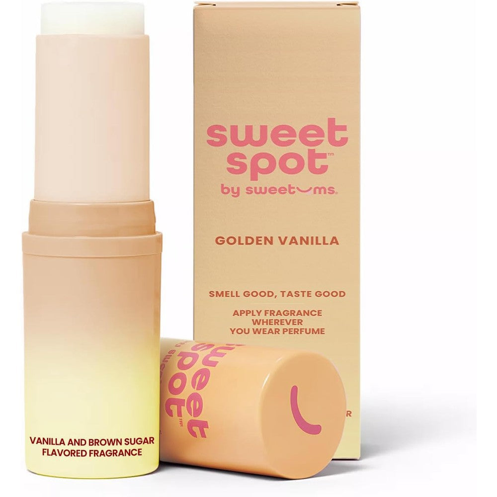 Sweetums SweetSpot Flavored Solid Perfume Stick front view showcasing the brown sugar vanilla travel packaging.