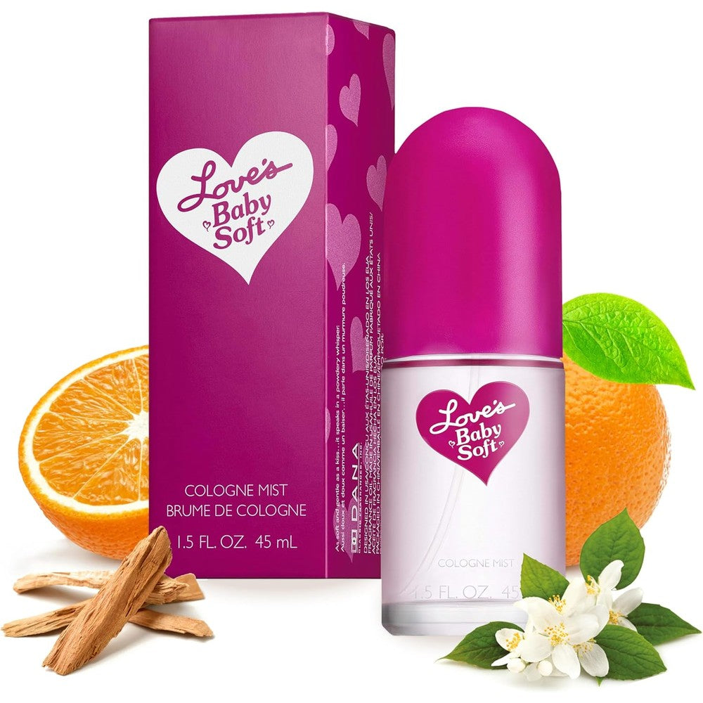 Dana Love's Baby Soft Cologne Mist front view of the original fragrance bottle and pink packaging
