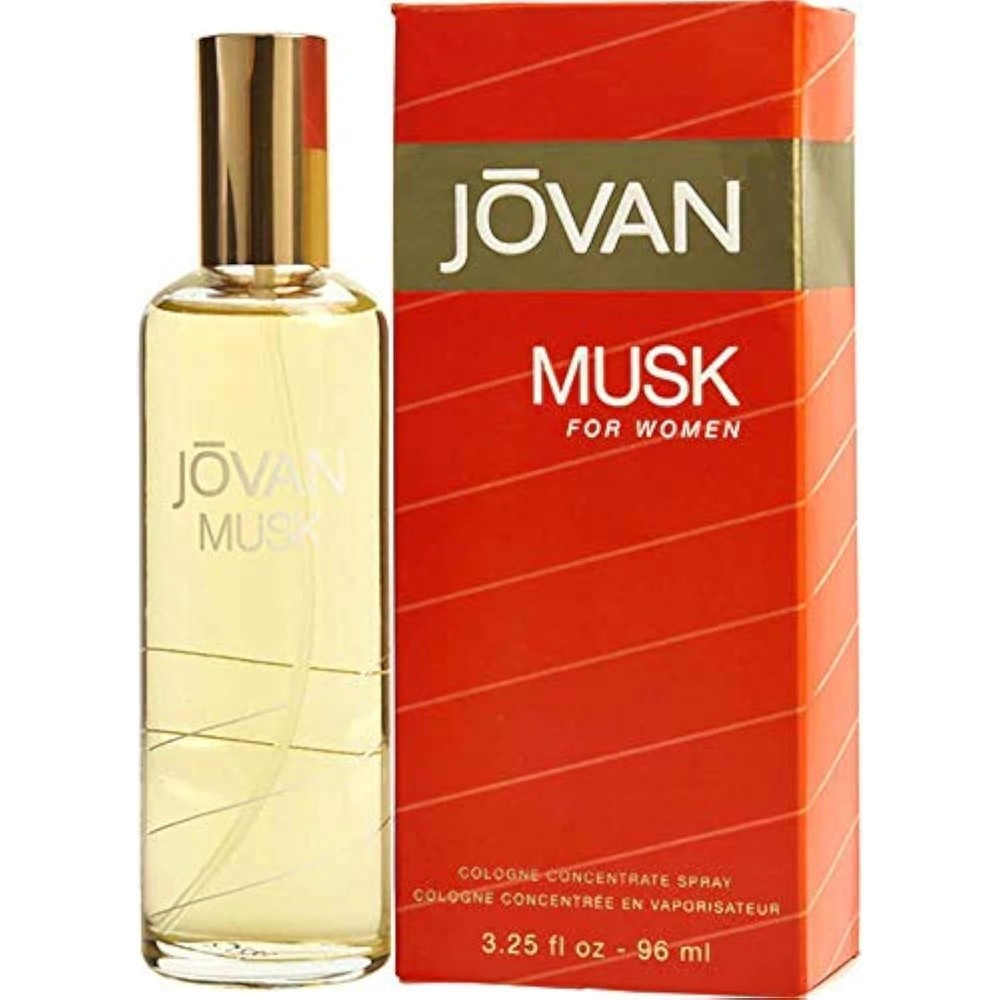 Jovan Musk For Women Cologne Concentrate Spray front view of orange packaging.