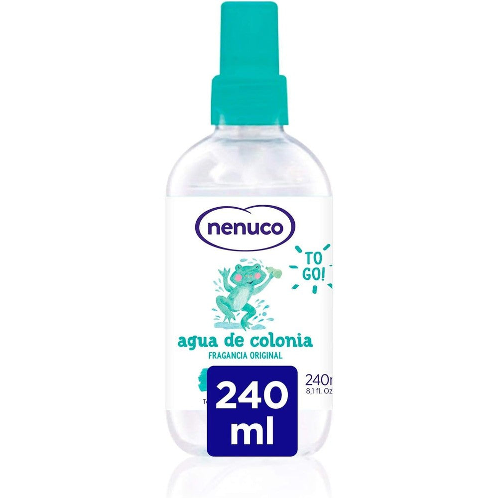 Nenuco Agua De Colonia original spray bottle front view showing brand logo and yellow cap