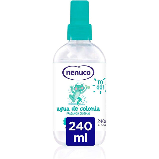 Nenuco Agua De Colonia original spray bottle front view showing brand logo and yellow cap