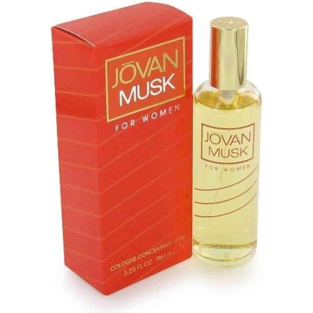 Jovan Musk Cologne Concentrate Spray for women front view showing distinctive orange packaging.