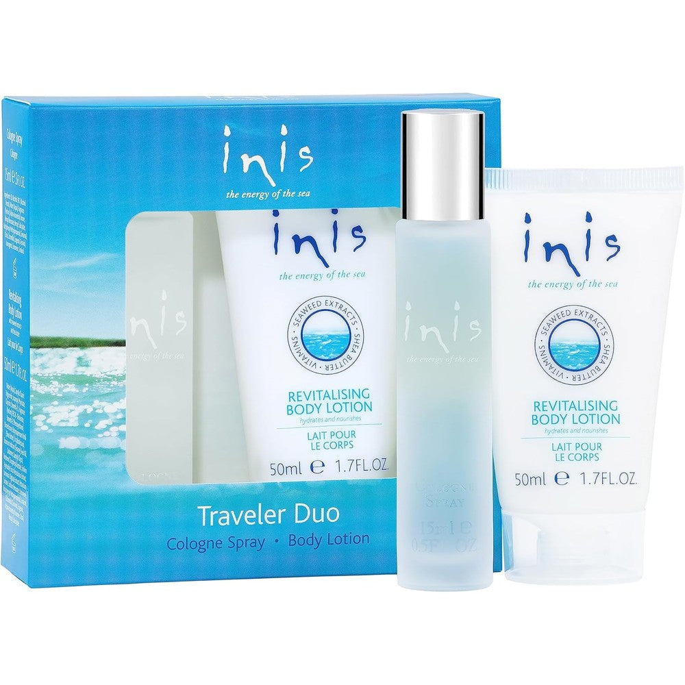 Inis the Energy of the Sea Cologne and Body Lotion Traveler Duo front view showcasing the packaging and bottles.