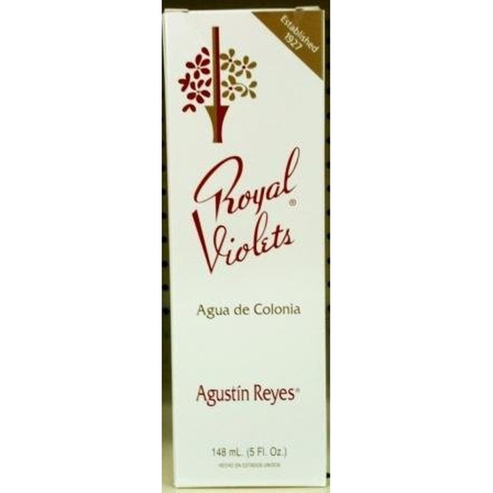 Royal Violets By Agustin Reyes Agua De Cologne 5 Ounce glass bottle front view showing the authentic purple labeling.