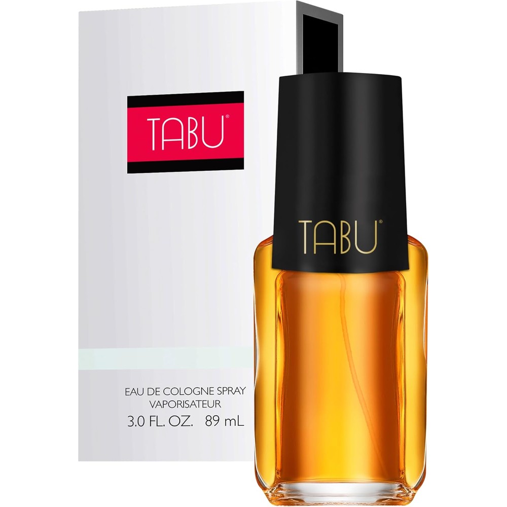 Dana Tabu Eau De Cologne Spray front view of the three fluid ounce clear bottle highlighting the rich amber liquid and classic black cap.