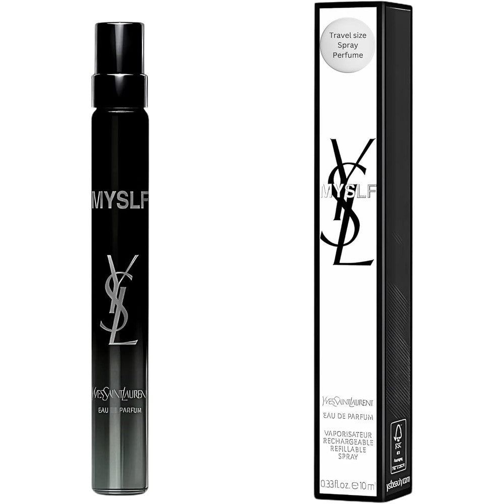Yves Saint Laurent MYSLF Eau de Parfum travel spray front view showcasing sleek black bottle design.