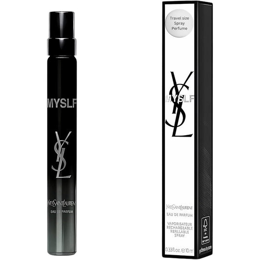 Yves Saint Laurent MYSLF Eau de Parfum travel spray front view showcasing sleek black bottle design.