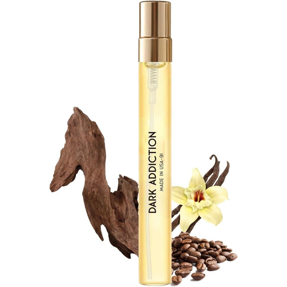PUREU Dark Addiction pheromone perfume oil twelve milliliter front view bottle showing elegant packaging.