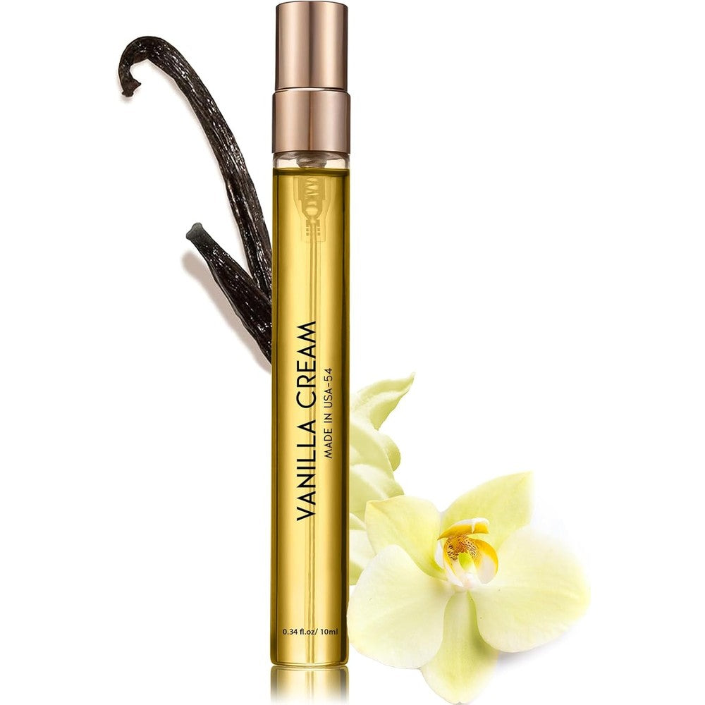 PUREAMOR Pheromones Perfume Oil Number 54 Vanilla Cream front view showing the travel size bottle.