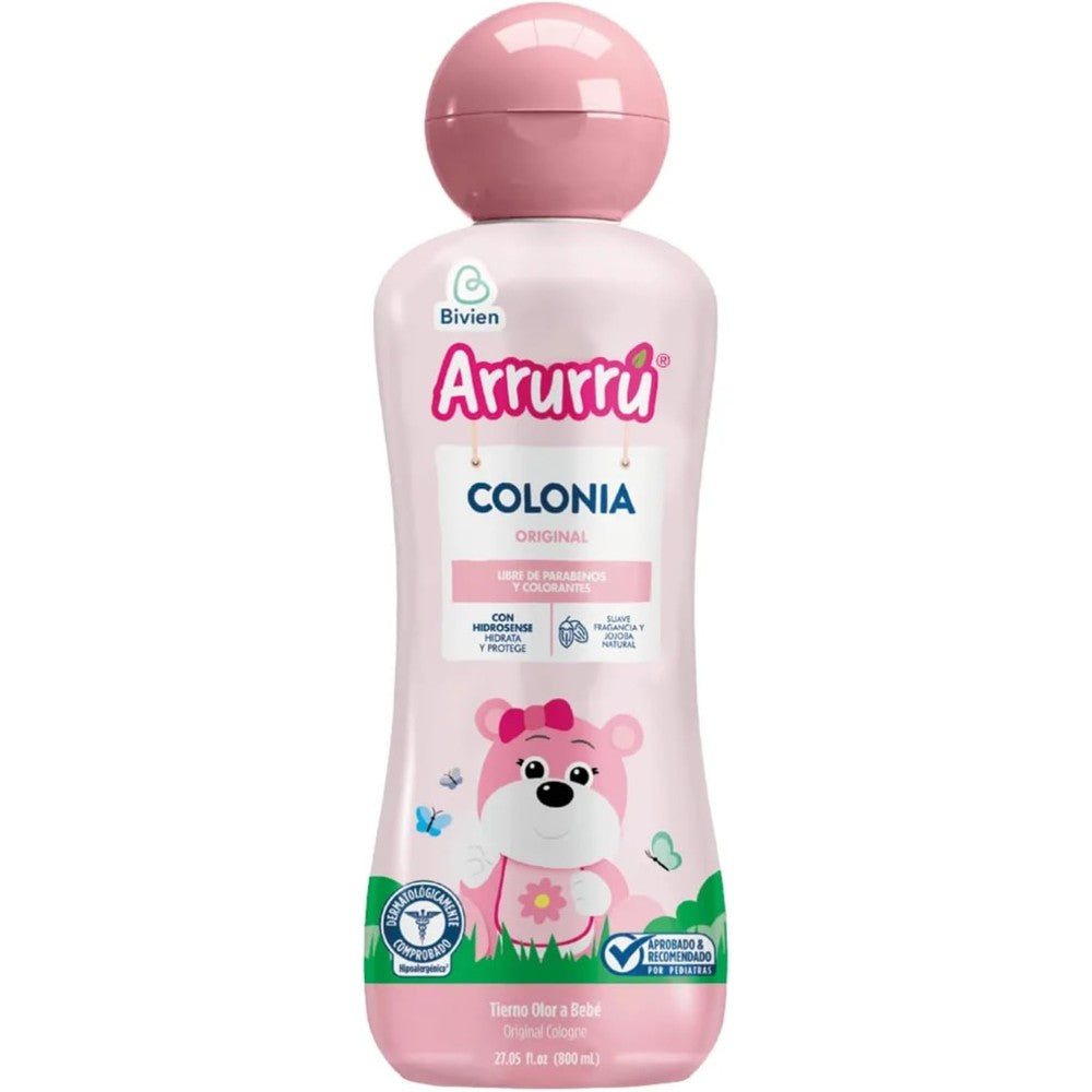 Arrurru Naturals Colonia Original Pink 800ml front view showing authentic imported baby fragrance bottle