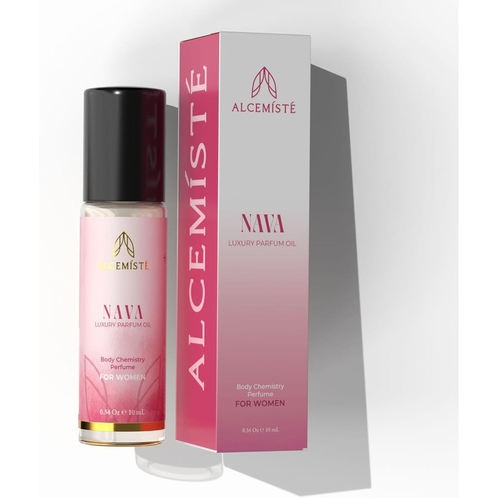 Alcemiste Nava Luxury Pheromone Perfume Oil front view showing the premium packaging and rollerball bottle design.