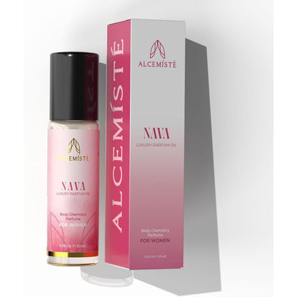 Alcemiste Nava Luxury Pheromone Perfume Oil front view showing the premium packaging and rollerball bottle design.