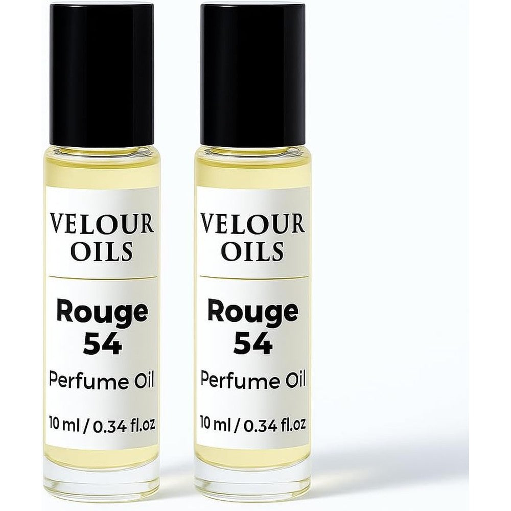 Velour Oils Rouge 54 Roll On Perfume Oil front view showing the dual pack bottles with rollerball applicators.