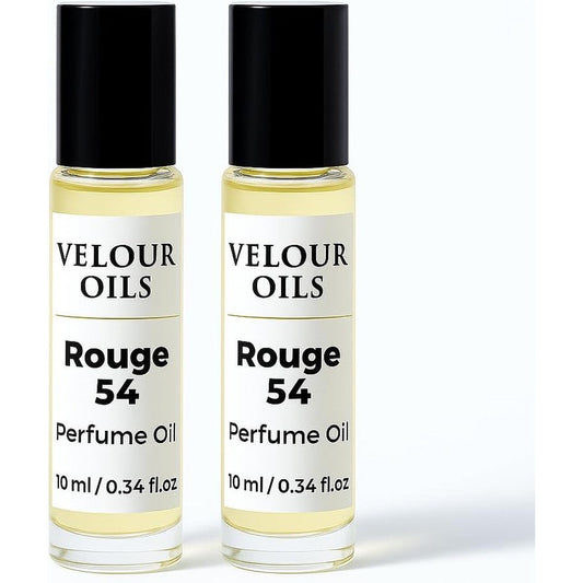 Velour Oils Rouge 54 Roll On Perfume Oil front view showing the dual pack bottles with rollerball applicators.