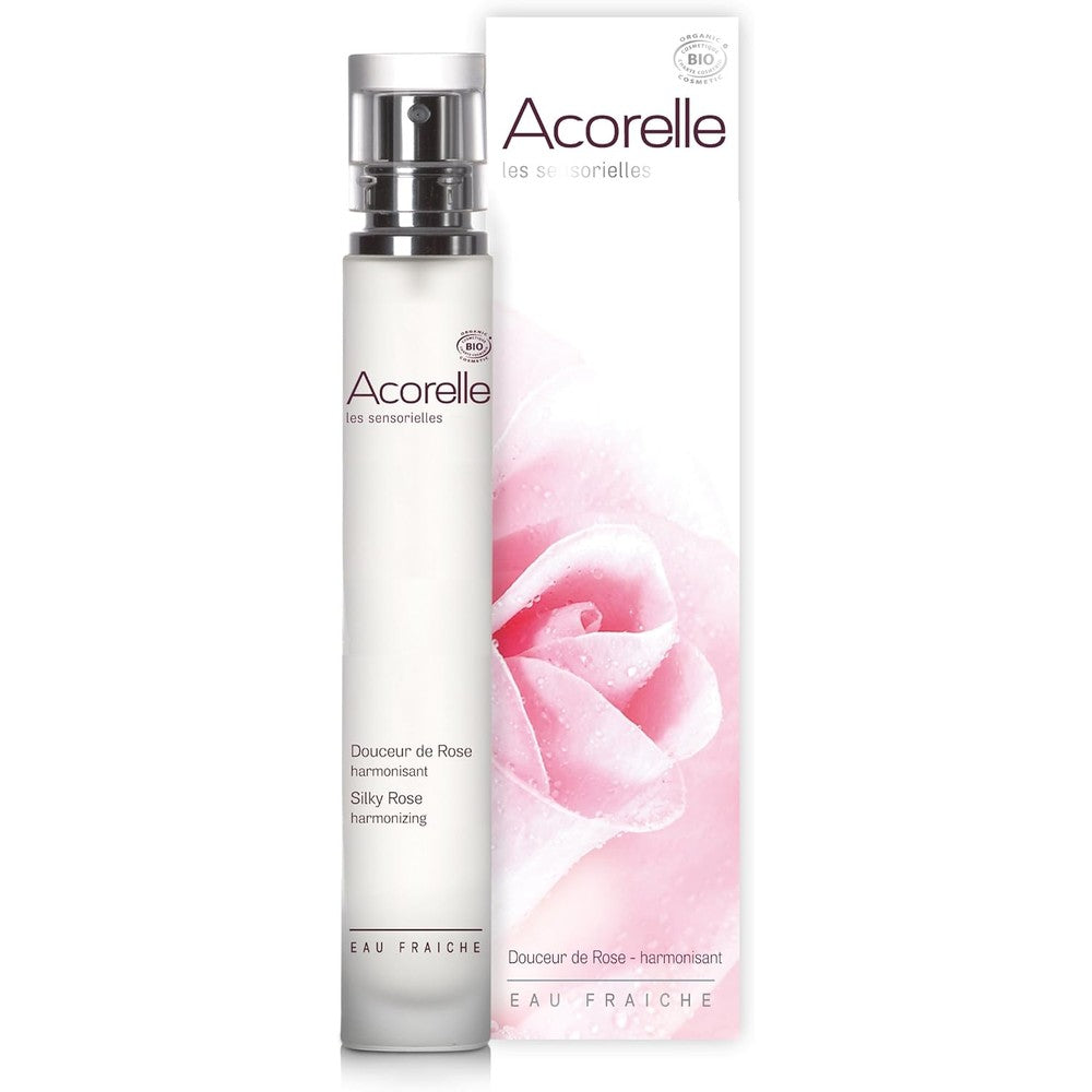 Acorelle Organic Eau Fraiche R de Rose 1.01 Fluid Ounce front view bottle and packaging box set
