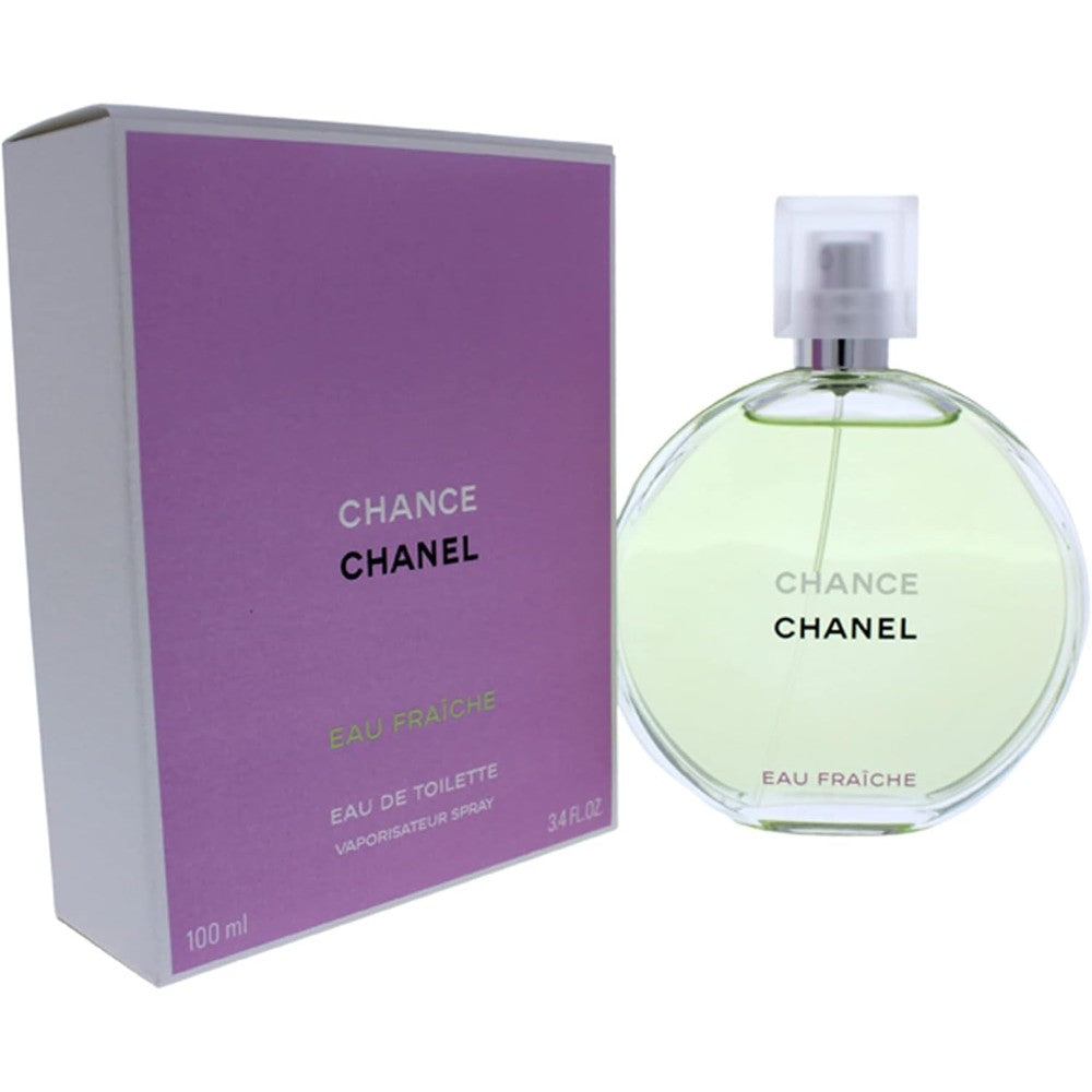 Chanel Chance Eau Fraiche Eau de Toilette 3.4 Ounce round glass bottle front view showing green liquid