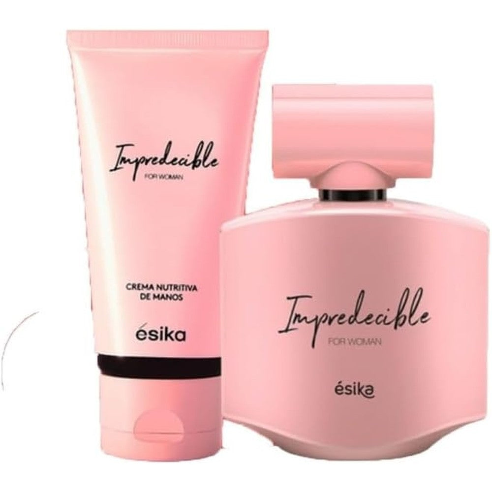 Esika Impredecible Eau de Parfum bottle and matching perfumed body lotion set front view