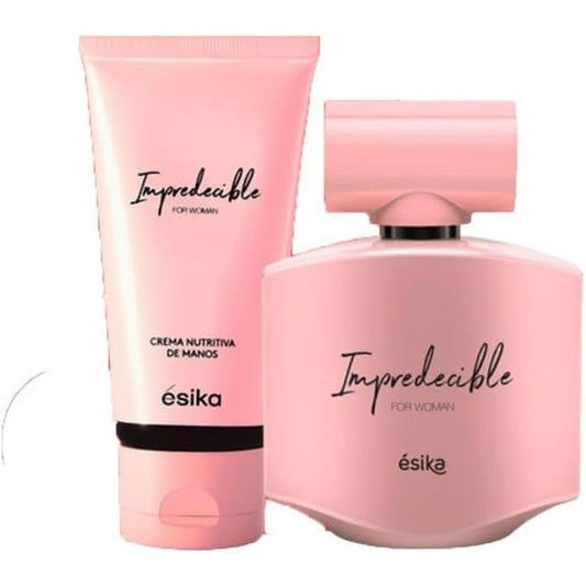 Esika Impredecible Eau de Parfum bottle and matching perfumed body lotion set front view