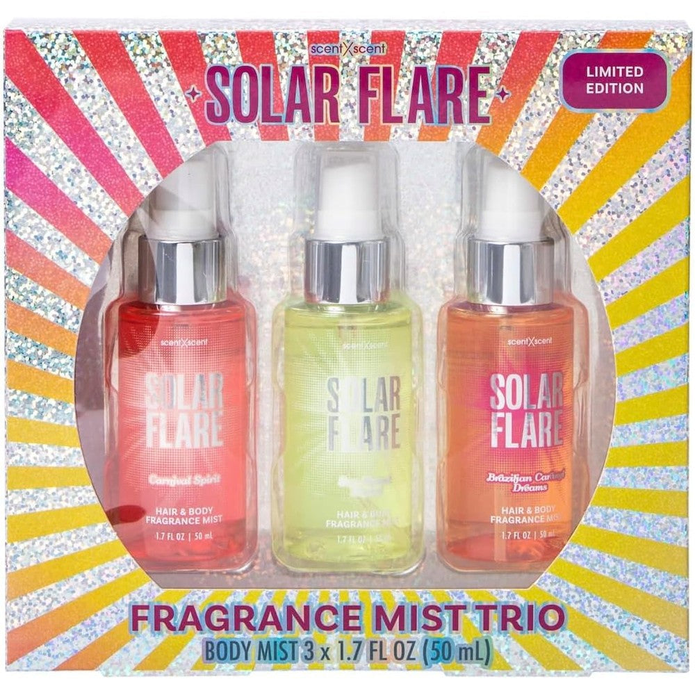 ScentXScent Solar Flare Limited Edition Fragrance Mist Trio Pack front view showcasing three colorful perfume bottles.