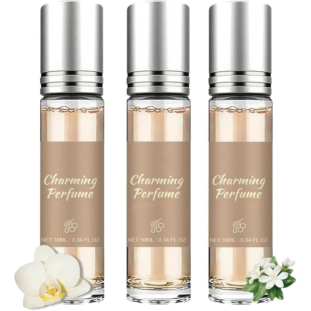 Qianvly Taskeen Caramel Cascade perfume three pack front view displaying portable rollerball bottles.