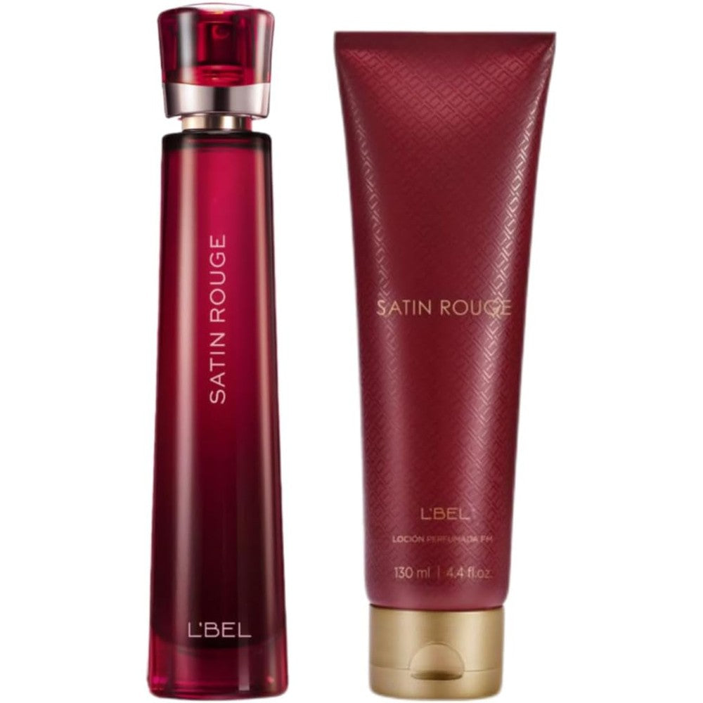 L'Bel Satin Rouge Eau de Parfum and body lotion set front view luxury oriental sweet women's fragrance