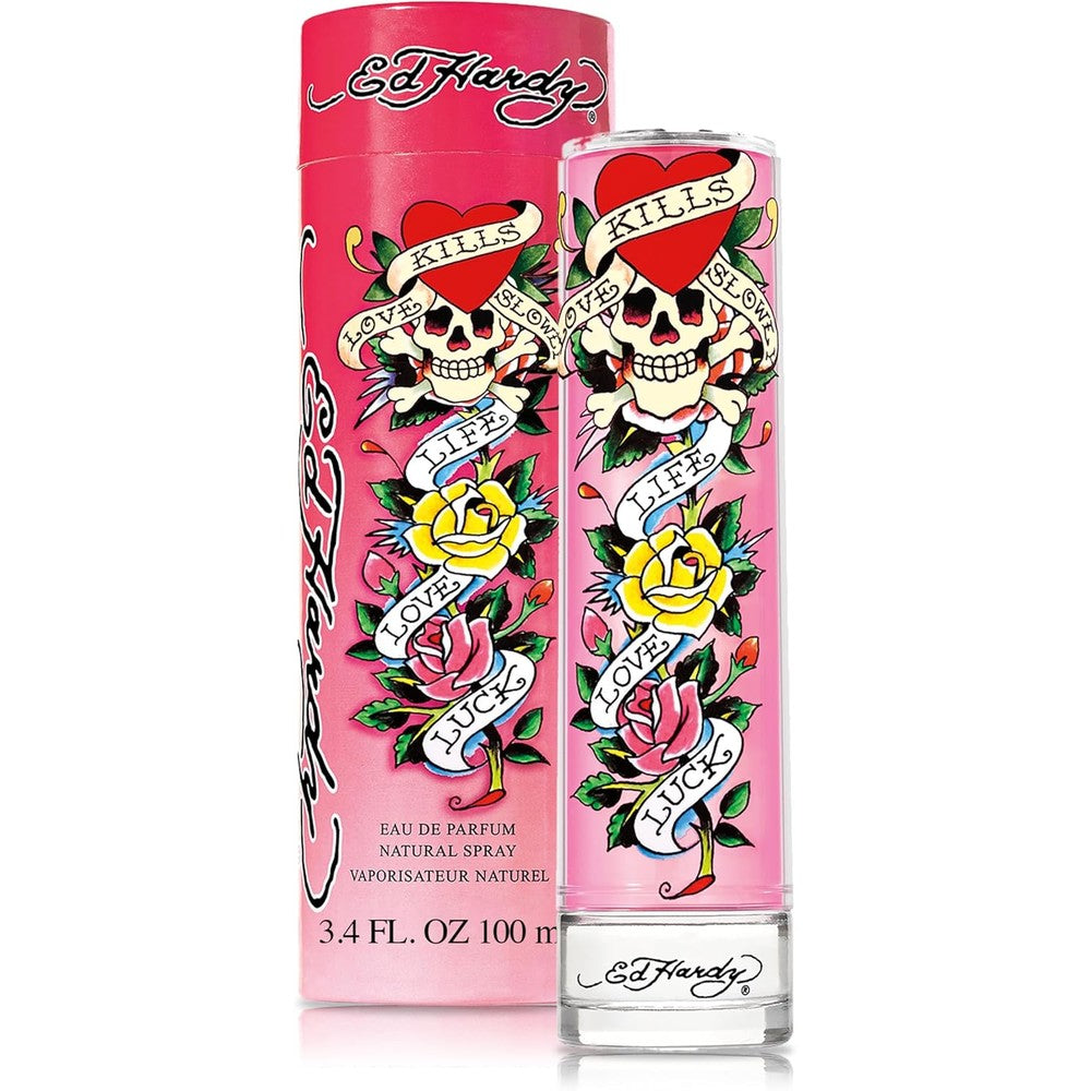 Ed Hardy Eau De Parfum for Women 100ml front view showing signature tattoo artwork