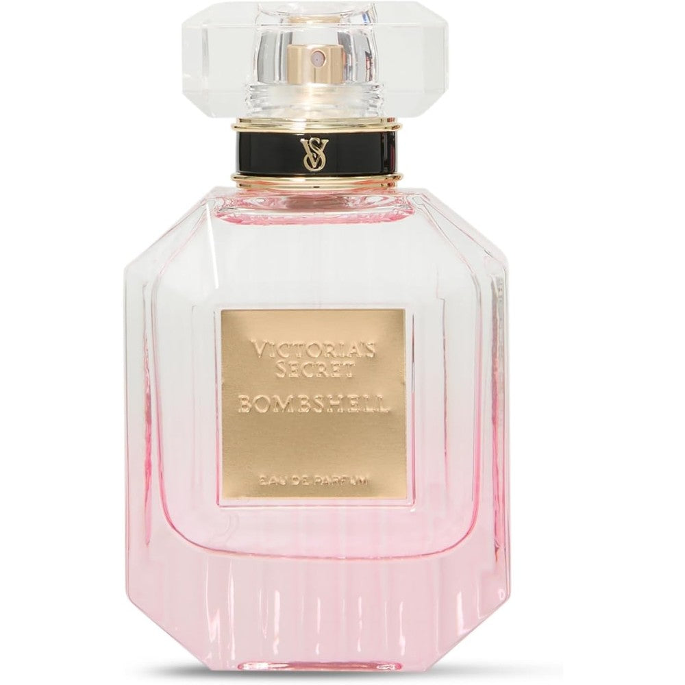 Victoria's Secret Bombshell Eau de Parfum 1.7 Ounce front view pink striped bottle on commercial backdrop.