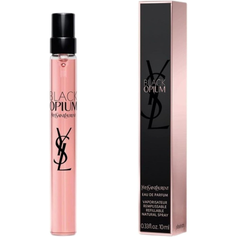 Yves Saint Laurent Black Opium Eau De Parfum travel spray front view showing iconic branding.