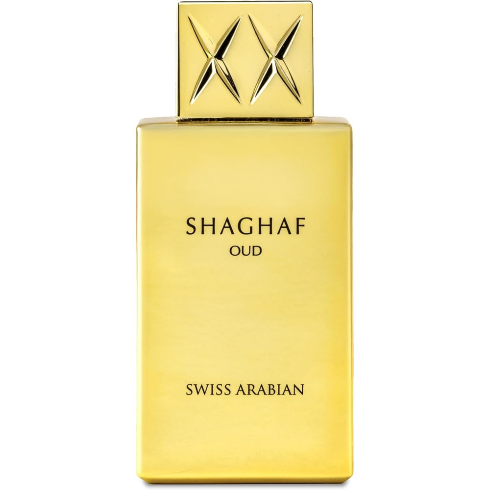 Swiss Arabian Shaghaf Oud Eau De Parfum front view in its signature golden bottle.