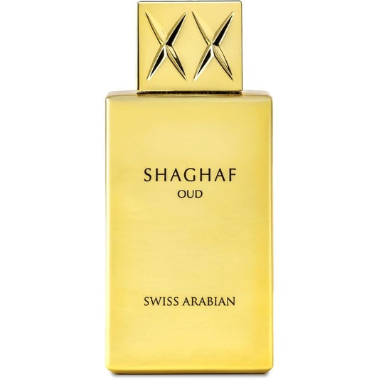 Swiss Arabian Shaghaf Oud Eau De Parfum front view in its signature golden bottle.