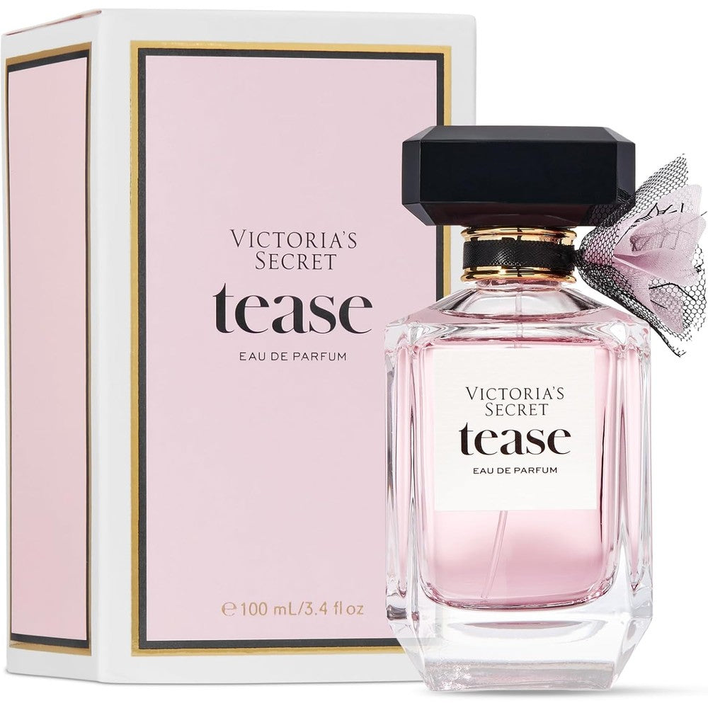 Victoria's Secret Tease Eau de Parfum front view of the premium glass bottle with mesh bow detail.