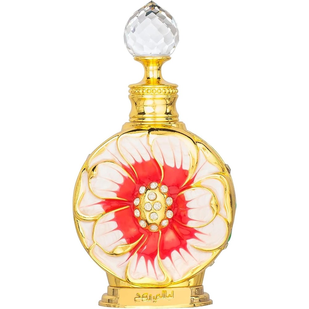 Swiss Arabian Layali Rouge Concentrated Perfume Oil front view showing the luxury gold and enamel flower bottle design.