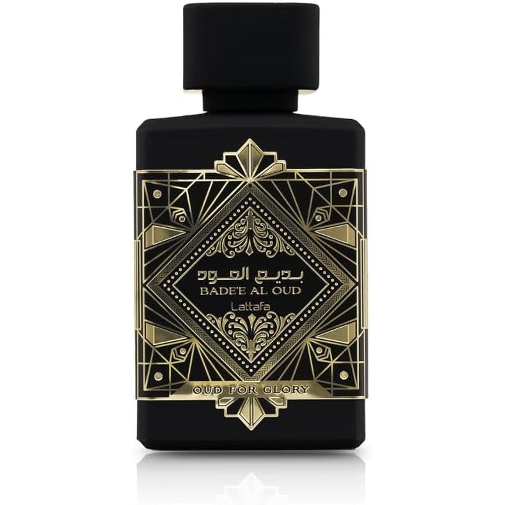 Lattafa Badee Al Oud Oud for Glory Eau de Parfum front view of authentic black and gold bottle