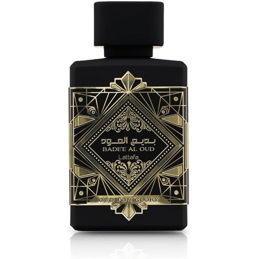 Lattafa Badee Al Oud Oud for Glory Eau de Parfum front view of authentic black and gold bottle